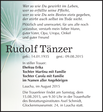 Traueranzeige von Rudolf Tänzer von Mitteldeutsche Zeitung Naumburg/Nebra