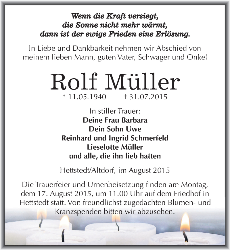  Traueranzeige für Rolf Müller vom 07.08.2015 aus Mitteldeutsche Zeitung Mansfelder Land