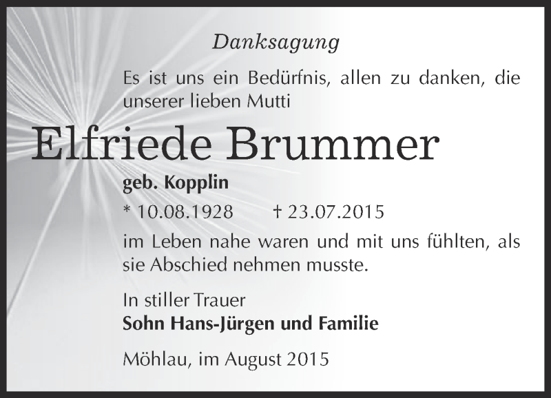  Traueranzeige für Elfriede Brummer vom 22.08.2015 aus WVG - Wochenspiegel Wittenberg