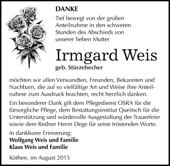 Traueranzeige von Irmgard Weis von Mitteldeutsche Zeitung Köthen