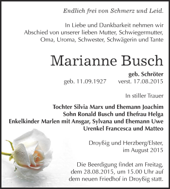 Traueranzeige von Marianne Busch von Super Sonntag Zeitz