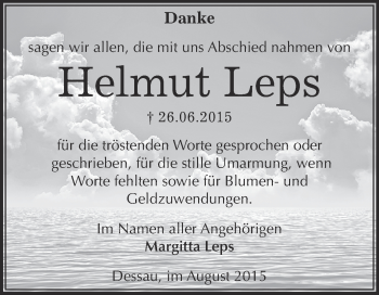 Traueranzeige von Helmut Leps von WVG - Wochenspiegel Dessau / Köthen