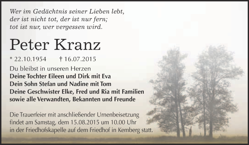  Traueranzeige für Peter Kranz vom 01.08.2015 aus WVG - Wochenspiegel Wittenberg