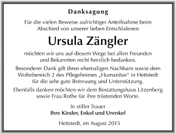 Traueranzeige von Ursula Zängler von Mitteldeutsche Zeitung Mansfelder Land