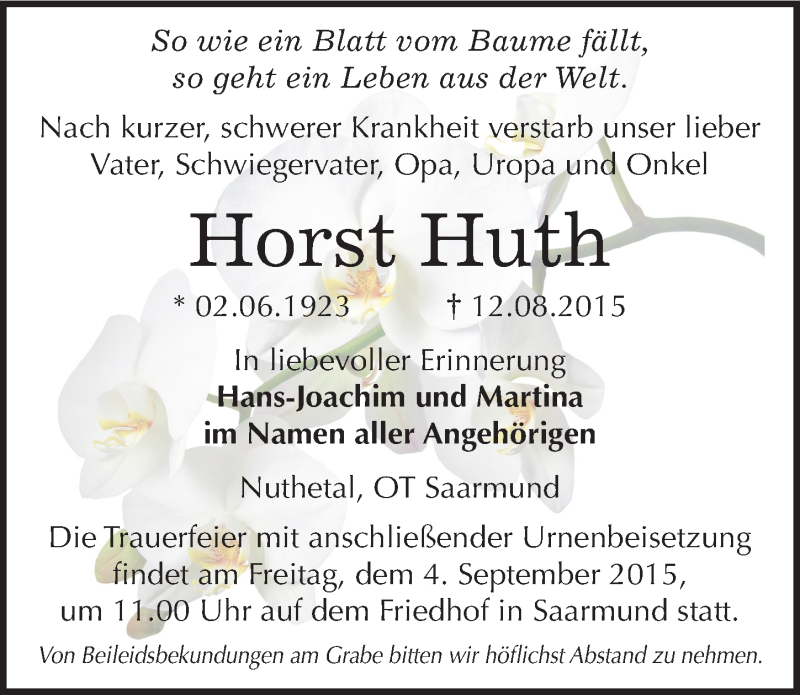  Traueranzeige für Horst Huth vom 29.08.2015 aus Mitteldeutsche Zeitung Wittenberg