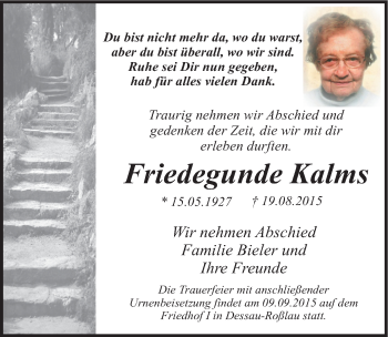 Traueranzeige von Friedegunde Kalms von Mitteldeutsche Zeitung Dessau-Roßlau