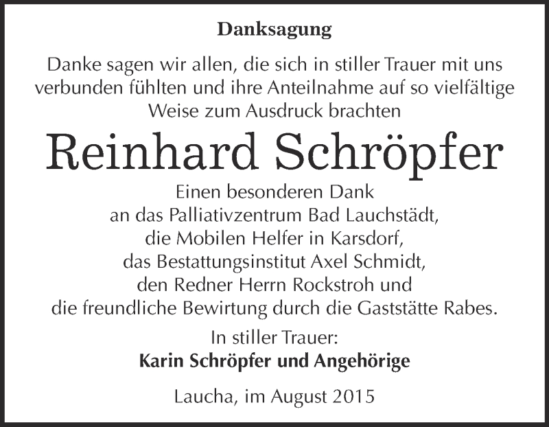  Traueranzeige für Reinhard Schröpfer vom 05.08.2015 aus WVG - Wochenspiegel NMB / WSF / ZTZ