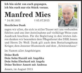 Traueranzeige von Manfred Mies von WVG - Wochenspiegel Wittenberg