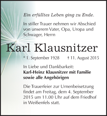 Traueranzeige von Karl Klausnitzer von Mitteldeutsche Zeitung Weißenfels