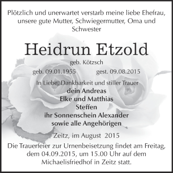 Traueranzeige von Heidrun Etzold von Super Sonntag Zeitz