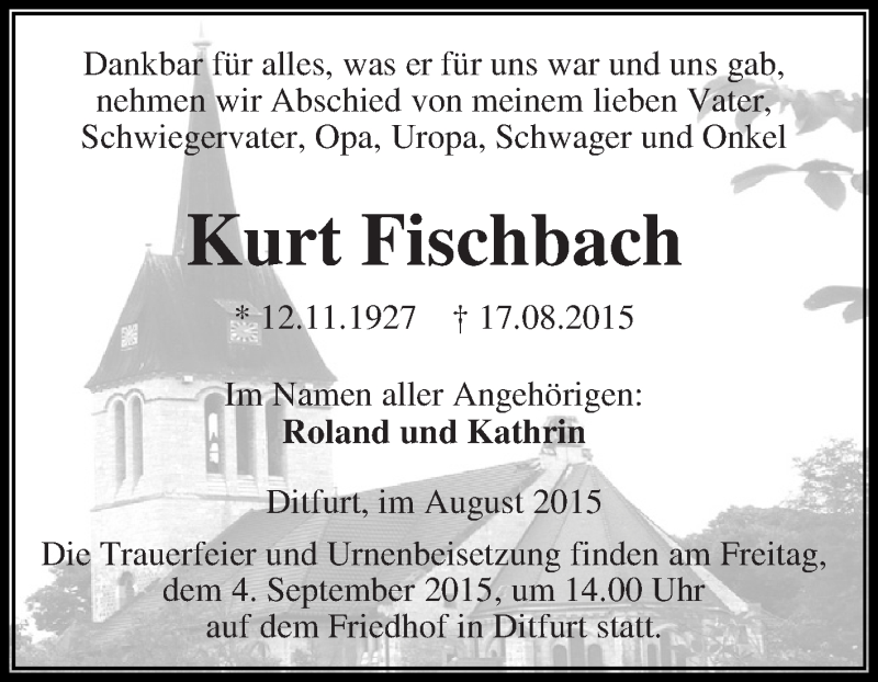  Traueranzeige für Kurt Fischbach vom 22.08.2015 aus Super Sonntag Aschersleben