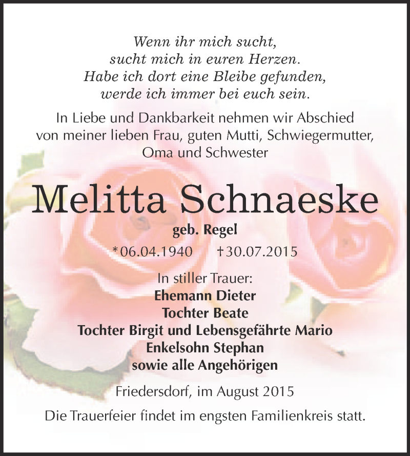  Traueranzeige für Melitta Schnaeske vom 12.08.2015 aus WVG - Wochenspiegel Bitterfeld