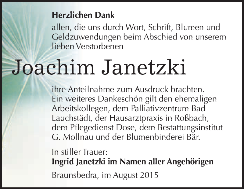  Traueranzeige für Joachim Janetzki vom 29.08.2015 aus WVG - Wochenspiegel Merseburg