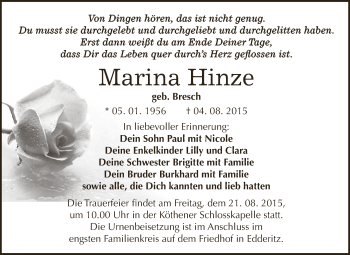 Traueranzeige von Marina Hinze von WVG - Wochenspiegel Dessau / Köthen