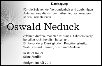 Traueranzeige von Oswald Neduck von Mitteldeutsche Zeitung Mansfelder Land