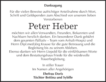 Traueranzeige von Peter Heber von WVG - Wochenspiegel Dessau / Köthen