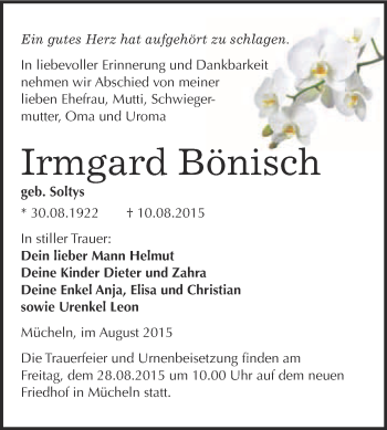 Traueranzeige von Irmgard und Helmut Bönisch von WVG - Wochenspiegel Merseburg
