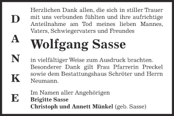 Traueranzeige von Wolfgang Sasse von WVG - Wochenspiegel Dessau / Köthen