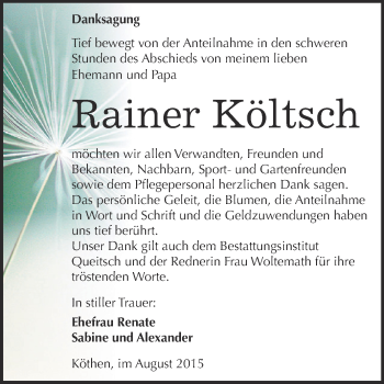 Traueranzeige von Rainer Költsch von WVG - Wochenspiegel Dessau / Köthen