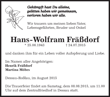 Traueranzeige von Hans-Wolfram Fräßdorf von WVG - Wochenspiegel Dessau / Köthen