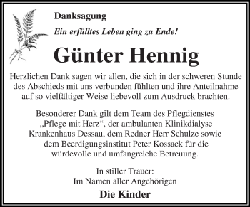 Traueranzeige von Günter Hennig von WVG - Wochenspiegel Dessau / Köthen