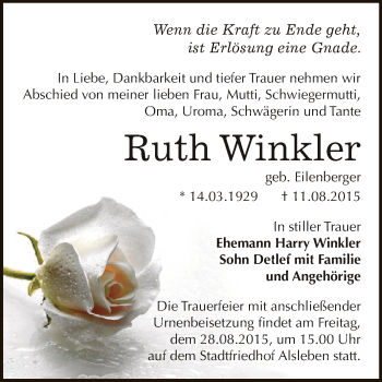 Traueranzeige von Ruth Winkler von Super Sonntag Bernburg