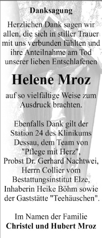 Traueranzeige von Helene Mroz von WVG - Wochenspiegel Dessau / Köthen