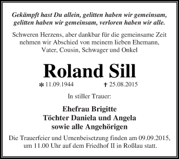 Traueranzeige von Roland Sill von WVG - Wochenspiegel Dessau / Köthen