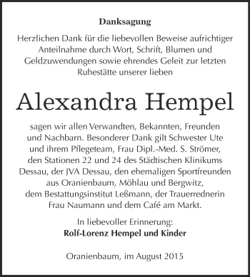 Traueranzeige von Alexandra Hempel von WVG - Wochenspiegel Wittenberg