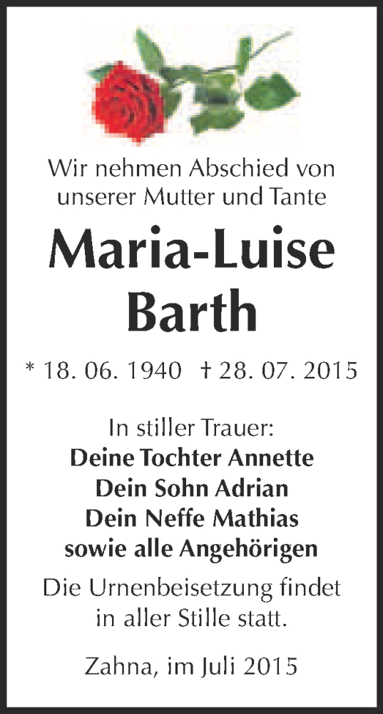  Traueranzeige für Maria-Luise Barth vom 01.08.2015 aus Super Sonntag Wittenberg