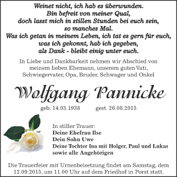 Traueranzeige von Wolfgang Pannicke von WVG - Wochenspiegel Dessau / Köthen