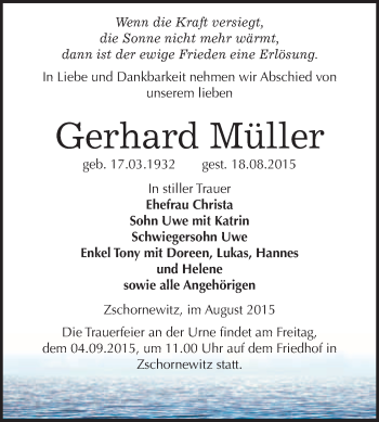 Traueranzeige von Gerhard Müller von WVG - Wochenspiegel Wittenberg