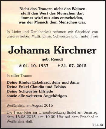 Traueranzeige von Johanna Kirchner von WVG - Wochenspiegel NMB / WSF / ZTZ
