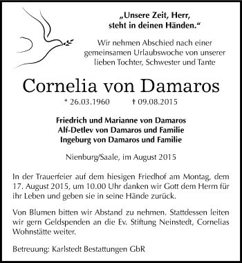 Traueranzeige von Cornelia von Damaros von Mitteldeutsche Zeitung Bernburg
