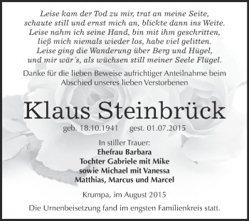 Traueranzeige von Klaus Steinbrück von WVG - Wochenspiegel Merseburg