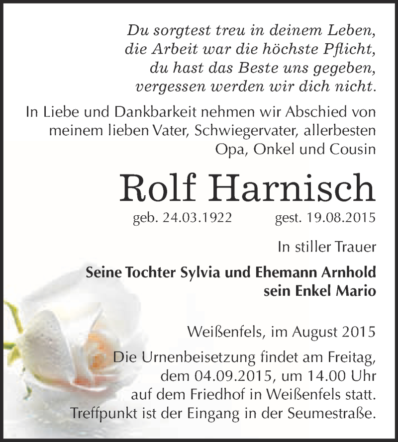  Traueranzeige für Rolf Harnisch vom 26.08.2015 aus WVG - Wochenspiegel NMB / WSF / ZTZ