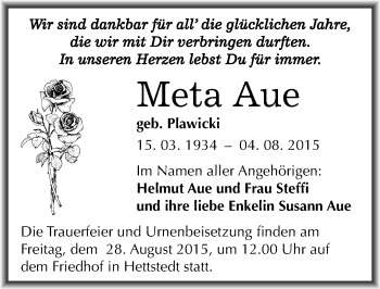 Traueranzeige von Meta Aue von Mitteldeutsche Zeitung Mansfelder Land