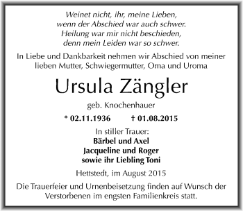 Traueranzeige von Ursula Zängler von Mitteldeutsche Zeitung Mansfelder Land