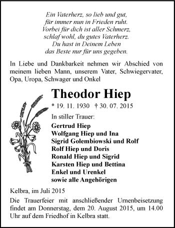Traueranzeige von Theodor Hiep von Mitteldeutsche Zeitung Sangerhausen