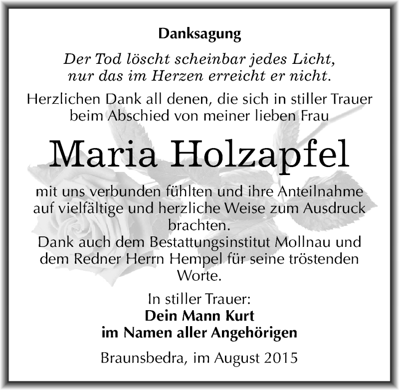  Traueranzeige für Maria Holzapfel vom 08.08.2015 aus Mitteldeutsche Zeitung Merseburg/Querfurt