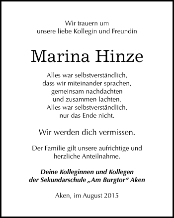 Traueranzeige von Marina Hinze von Mitteldeutsche Zeitung Köthen