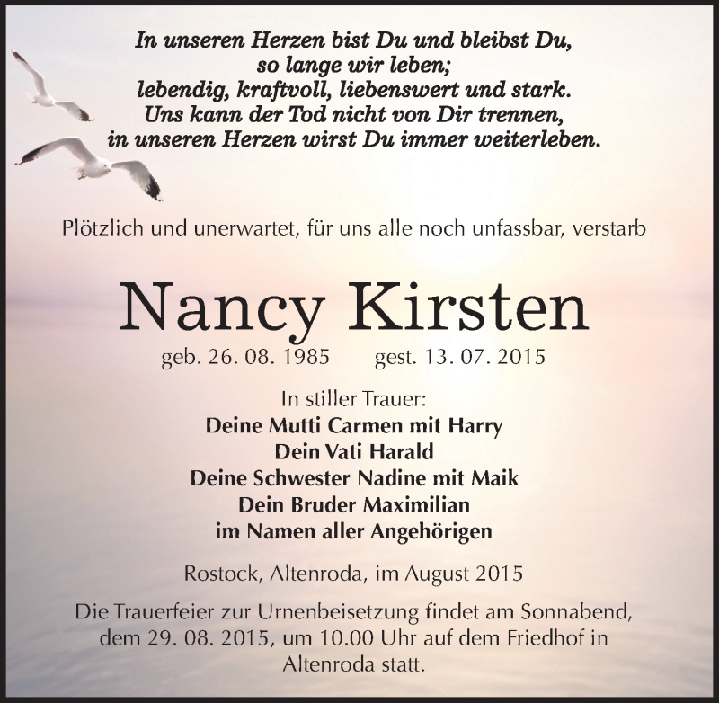  Traueranzeige für Nancy Kirsten vom 25.08.2015 aus Mitteldeutsche Zeitung Naumburg/Nebra
