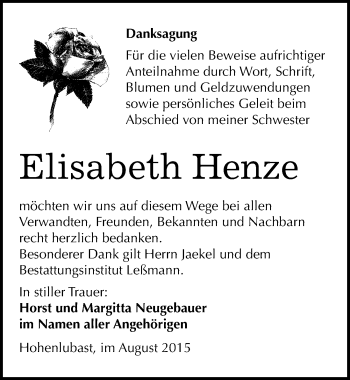 Traueranzeige von Elisabeth Henze von Mitteldeutsche Zeitung Wittenberg