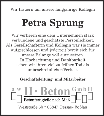 Traueranzeige von Petra Sprung von WVG - Wochenspiegel Dessau / Köthen