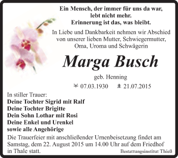 Traueranzeige von Marga Busch von Super Sonntag Quedlinburg