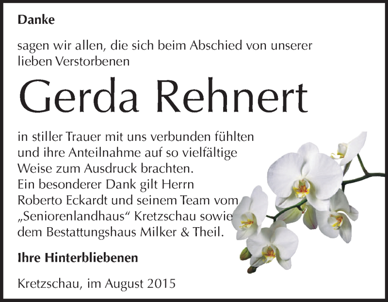  Traueranzeige für Gerda Rehnert vom 22.08.2015 aus Super Sonntag Zeitz