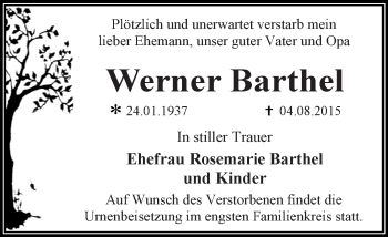 Traueranzeige von Werner Barthel von WVG - Wochenspiegel Dessau / Köthen