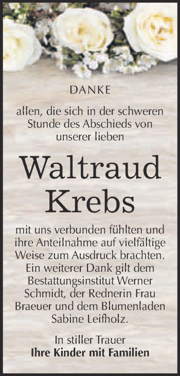 Traueranzeige von Waltraud Krebs von WVG - Wochenspiegel Quedlinburg