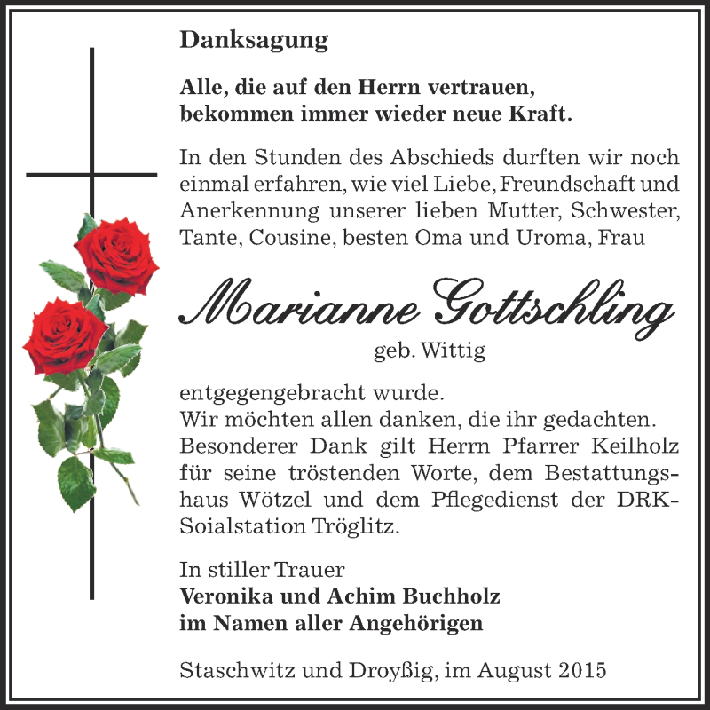  Traueranzeige für Marianne Gottschling vom 22.08.2015 aus Super Sonntag Zeitz