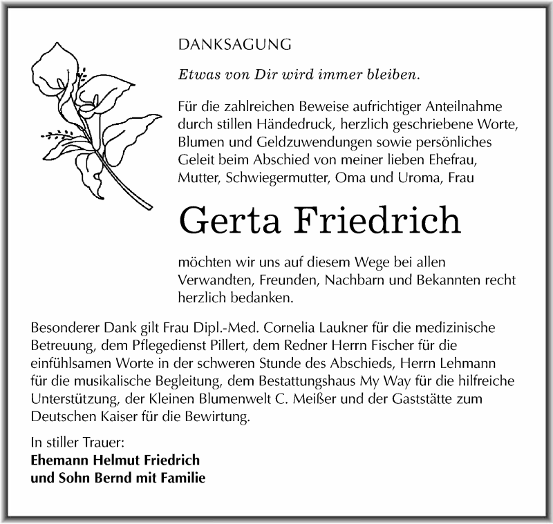  Traueranzeige für Gerta Friedrich vom 26.08.2015 aus WVG - Wochenspiegel NMB / WSF / ZTZ